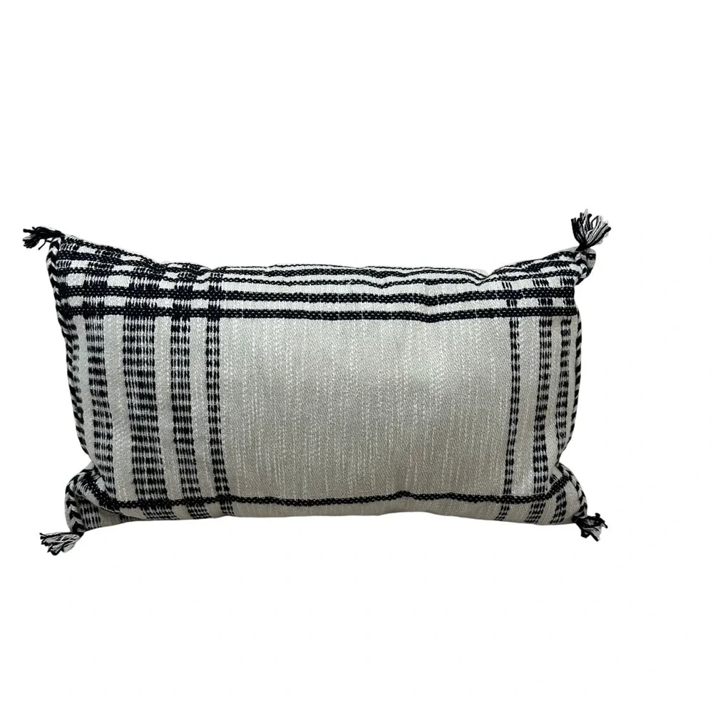Woven Lumbar Pillow Black Cream Plaid Tassel Trim Textured Boho Accent 22x13